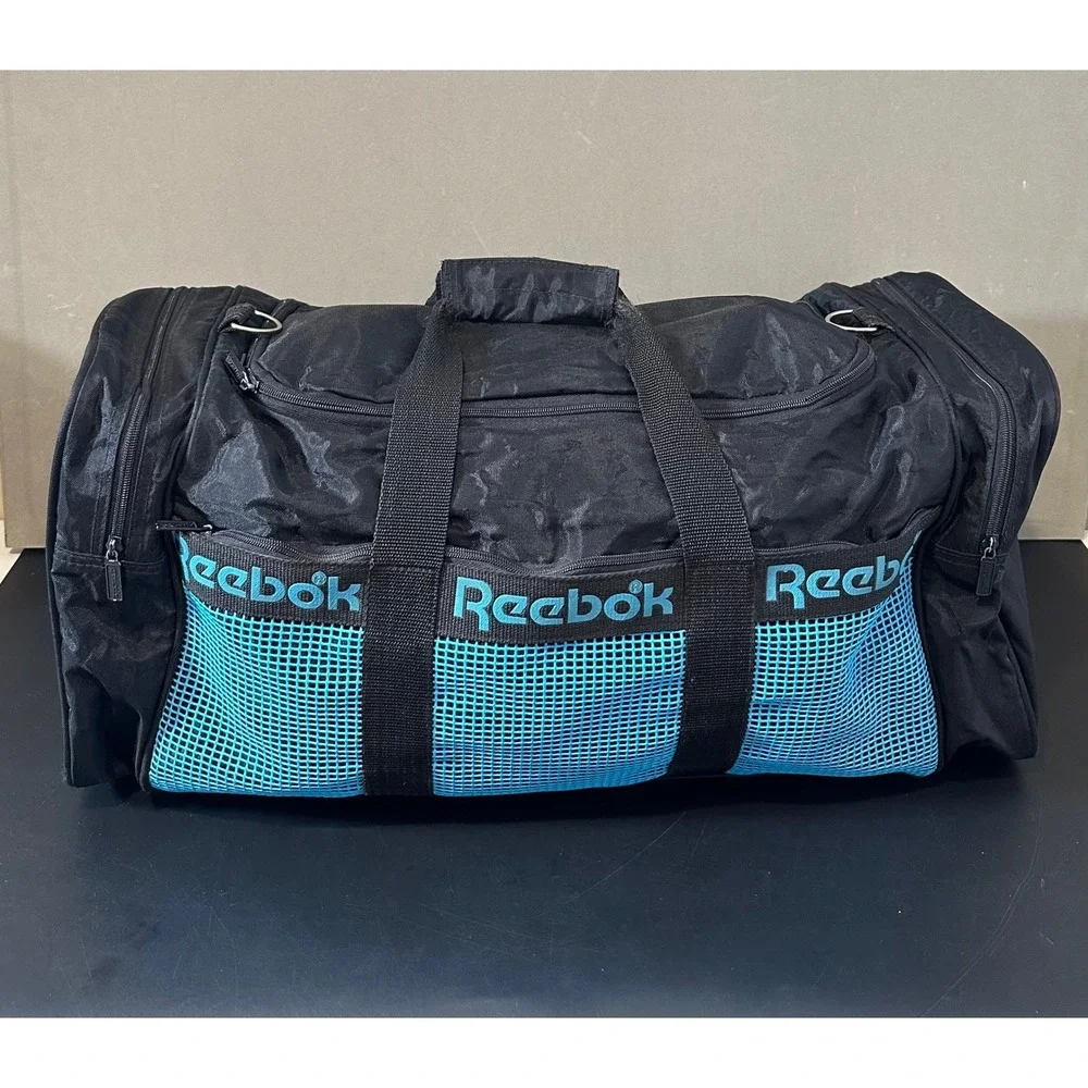 Reebok Duffel Bag Black Teal Mesh Logo Gym Sports Travel Weekend Bag Large